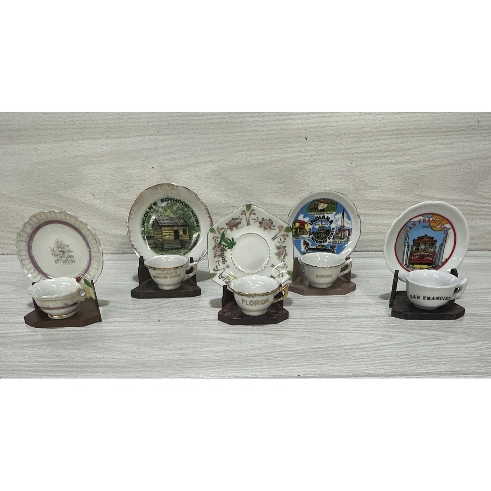 Porcelain Mini Souvenir Tea Cup & Saucer Sets w/ Stand (Set of 5) Vintage